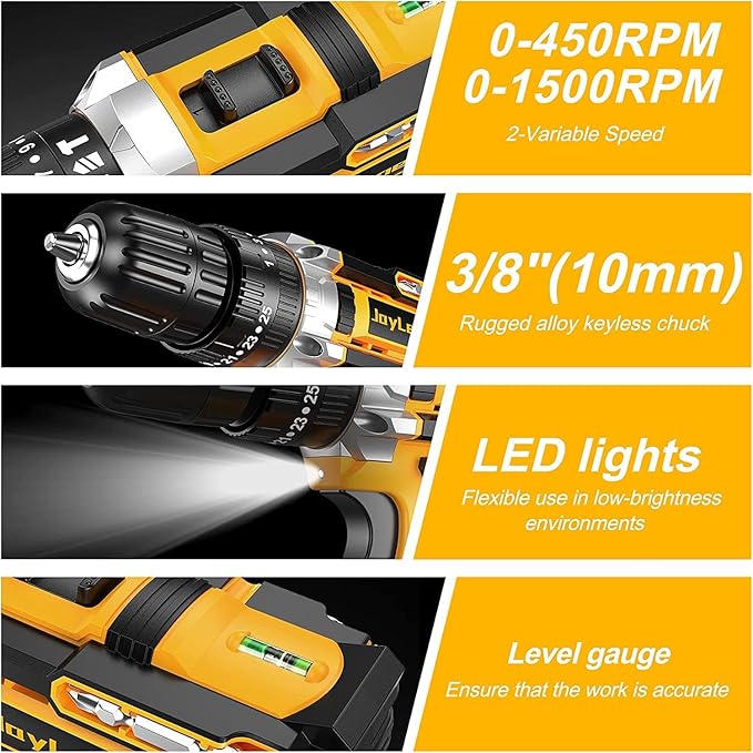 JayLene 21V Cordless Drill Set, Power Drill 59Pcs with 3/8 Inch Keyless Chuck, 25 3 Clutch Electric Drill with Work Light, Max torque 45Nm, 2-Variable Speed & 2 Batteries and Fast Charger