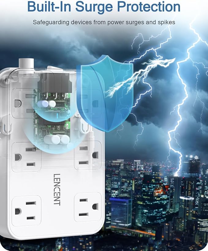 LENCENT 2 Prong Power Strip, 3 to 2 Prong Outlet Adapter, Two Prong Surge Protector, 6ft Braided Extension Cord with Thin Flat Polarized Plug, 6 AC&4 USB(1 Type-C), Wall Mount for Non-Grounded Outlet