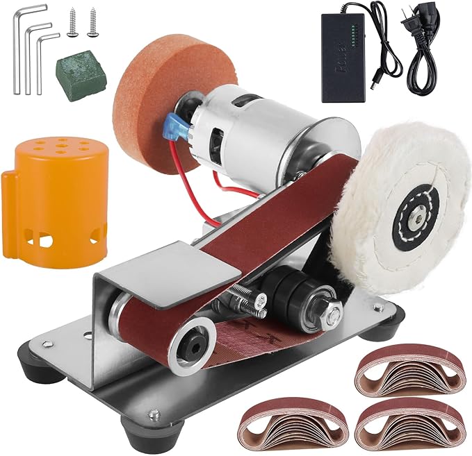 Mini Belt Sander,15 Degree Electric Belt Grinder,7 Adjustable Speed Electric Knife Polishing Sharpener Machine,Heavy Duty Electric Sander w/30 Sanding Belt,Electric Grinding Machine for Metal Jewelry