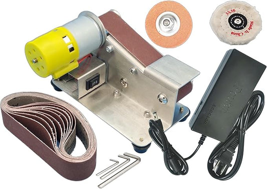 30mm Mini Belt Sander, Sander Tool w/ 7-Gear Speed Control, 15 Degree Knife Sharpener Electric Sander Sanding Machine w/Buffing & Grinding Wheel for Woodworking Metal Working Knife Sharpening