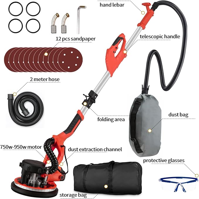 Drywall Sander with Vacuum, 950W High Power Foldable Popcorn Ceiling Removal Tool, 7-Speed Variable, 900-2600RPM, with LED Light and 12 Grinding Wheels, Retractable Handle, for Sanding Walls, Floors