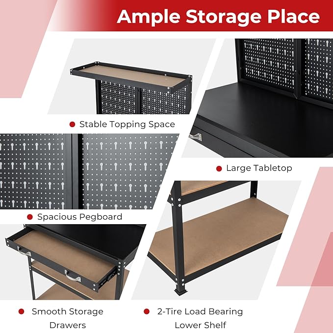 IRONMAX Workbench with Drawers, 32’’ Heavy Duty Workstation Organizer with 14 PCS Hanging Kits, 2 Storage Shelves & Long Drawer, Work Bench Table for Garage, Home, Workshop, Auto Shop, Basement