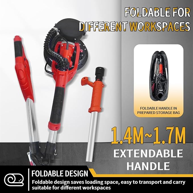 Drywall Sander with Vacuum, 950W High Power Foldable Popcorn Ceiling Removal Tool, 7-Speed Variable, 900-2600RPM, with LED Light and 12 Grinding Wheels, Retractable Handle, for Sanding Walls, Floors