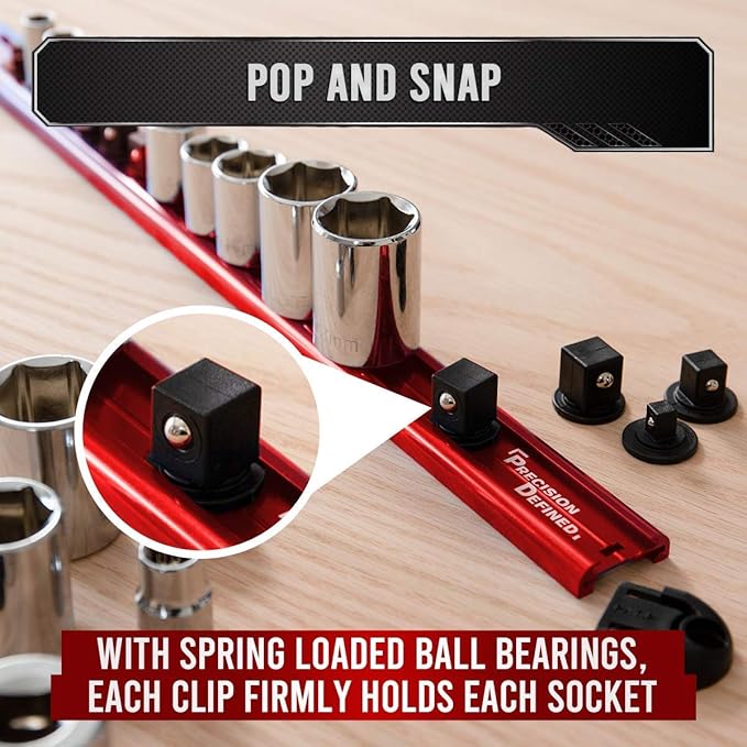 Precision Defined Aluminum Tool Socket Holder | Red, Single 1/4-Inch Socket Organizer x 16 Clips | Heavy Duty Socket Rails Organizer, Socket Storage, Socket Tray 360 Rotation