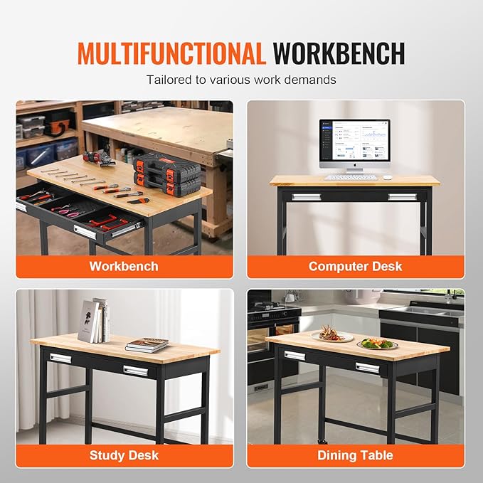 VEVOR 48" Workbench, 1500 lbs Load Capacity, Work Bench with Sliding Drawer Storage and Wheels, Rolling Workbench on Wheels, Heavy Duty Oak Wood Top Work Table for Garage, Workshop, Office, and Home