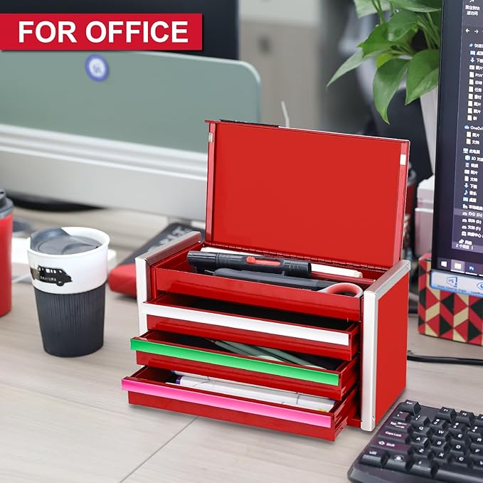 P.I.T. Mini Red Tool Box, Portable 3 Colorful Drawer Steel Tool Box with Magnetic Tab Locking, Red Micro Top Chest with Liner for Tools Storage, Home DIY