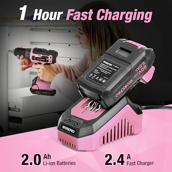 WORKPRO 20V Pink Cordless Drill Driver Set, 3/8” Keyless Chuck, 2.0 Ah Li-ion Battery, 1 Hour Fast Charger and 11-inch Storage Bag Included - Pink Ribbon