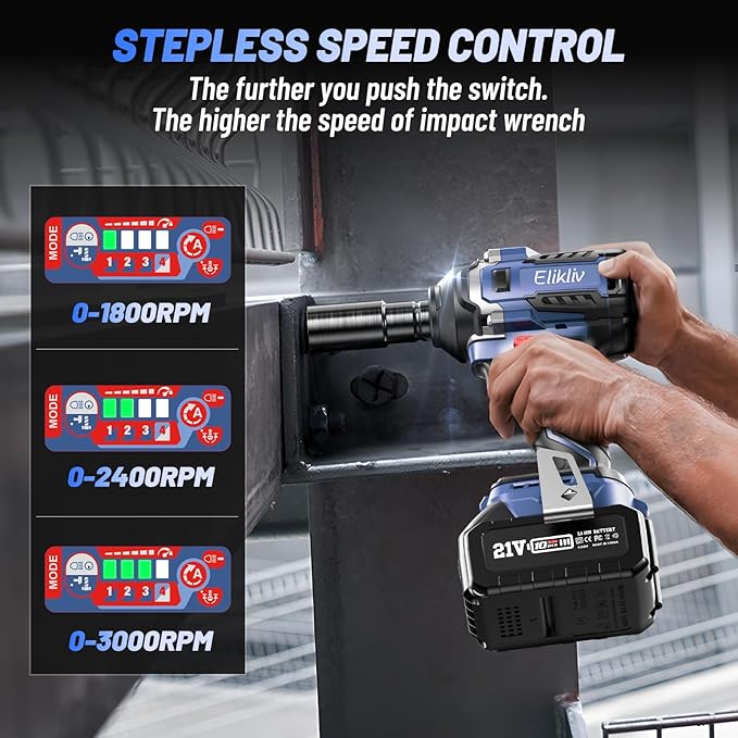 Elikliv Cordless Impact Wrench 1/2 inch, 500Ft-lbs Max Torque(650N.m), 21V 3000 RPM Power Impact Gun with 4 Sockets, 4000mAh Battery with Fast Charger, Electric Impact Driver for Car Truck Tires Home
