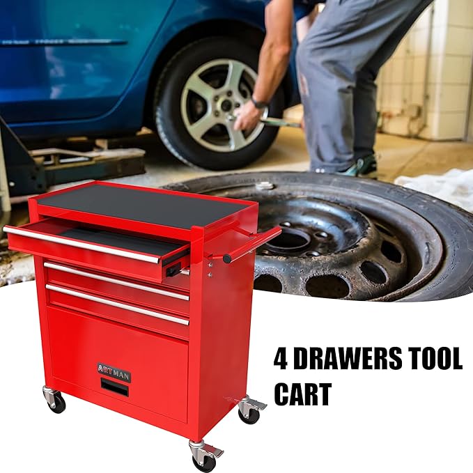 Rolling Tool Chest Metal Tool Box with Wheels Tool Cabinet Craftsman Tool Chest Us General Tool Box Portable Tool Box with Wheels 4 Drawers Multifunctional Tool Cart with Wheels, Red