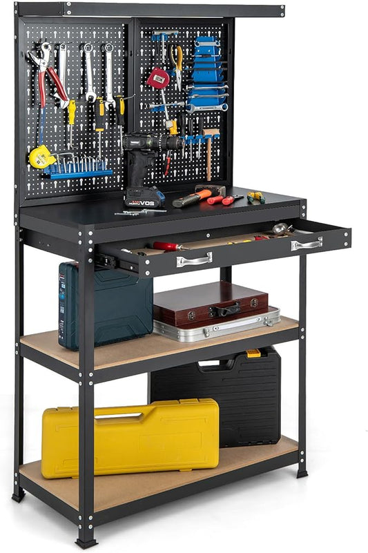 IRONMAX Workbench with Drawers, 32’’ Heavy Duty Workstation Organizer with 14 PCS Hanging Kits, 2 Storage Shelves & Long Drawer, Work Bench Table for Garage, Home, Workshop, Auto Shop, Basement