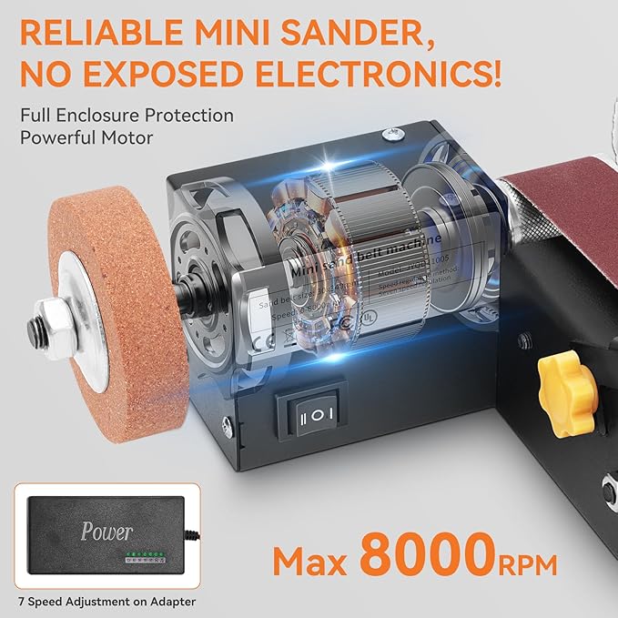 Mini Belt Sander,Small Electric Knife Sharpener with Clamp Screw,Stable Power Belt Sander with Angle Adjustment,7 Speed Mini Bench Belt Grinder for Knife Sharpening,Metal Working,Craft and DIY