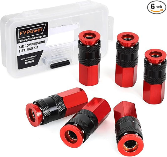 Air Hose Fittings, 6 Pieces AMT Universal Air Couplers with 1/4" NPT Female Threads, Red