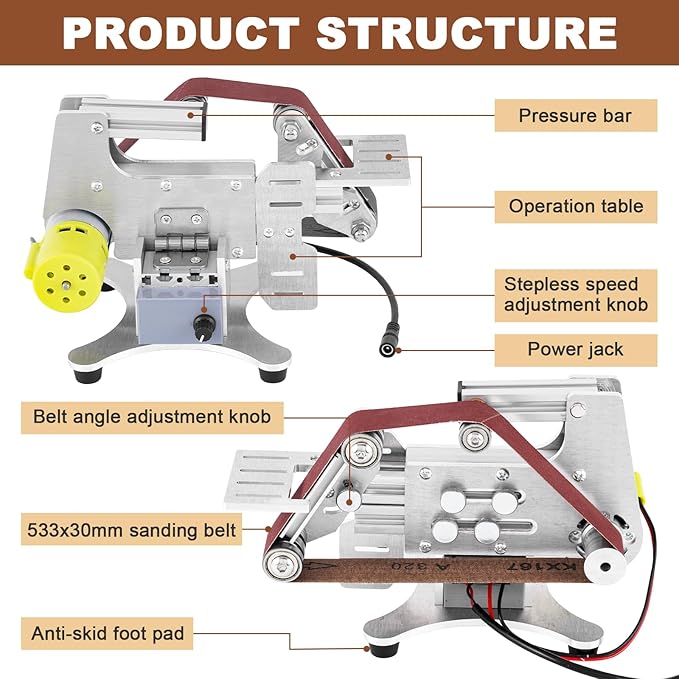 Electric Belt Sander Knife Sharpener 1.2 x 21-Inch with Variable Speed Control, Benchtop Sanding Belt Machine Diy Belt Grinding Polishing Machine for Metal Working, Knife Making and Woodworking