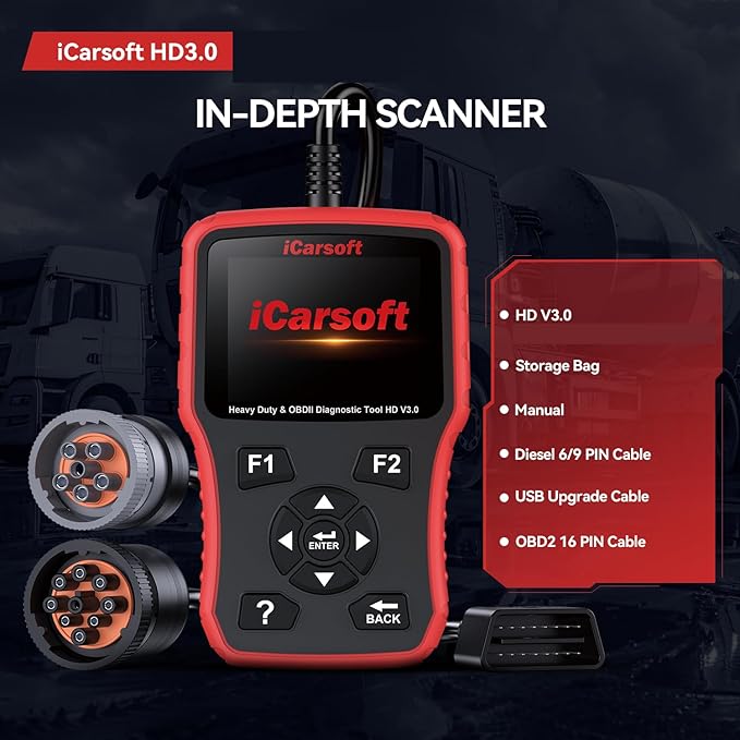 Heavy Duty Truck Scanner, iCarsoft HD V3.0 Multi-System OBD2 Diagnostic Scan Tool for Truck, Car, Mini Van, Light Duty Vehicle, Code Reader,Battery Test, Graphic Data Display-Red