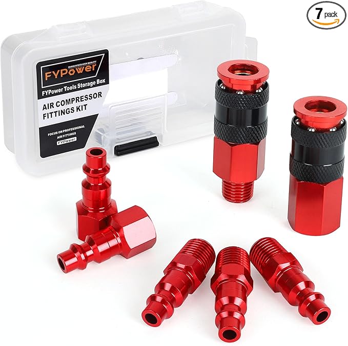 Air Hose Fittings, 7 Pieces 1/4" NPT Aluminum AMT Universal Air Couplers and I/M Industrial Type Air Plugs Kit, Red