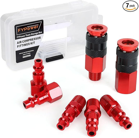 Air Hose Fittings, 7 Pieces 1/4" NPT Aluminum AMT Universal Air Couplers and I/M Industrial Type Air Plugs Kit, Red