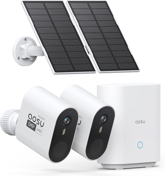 AOSU 3K/5MP Solar Security Cameras Wireless Outdoor, Ultra-Wide-Angle, Cam-to-Cam Track & Sync, Home Security System with Color Night Vision, Spotlight Smart Alarm, No Subscription, 2.4G & 5G WiFi