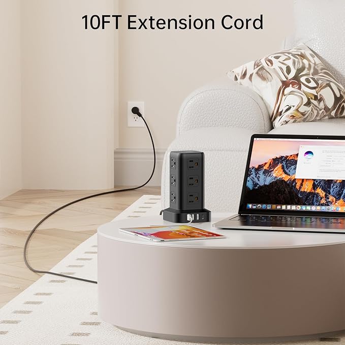 PD20W Surge Protector Power Strip Tower, 10FT Extension Cord with Multiple Outlets, 12 AC 4 USB (1 USB C)，Mini Power Strip with USB Ports, Surge Protector Tower Overload Protection for Office, Desk