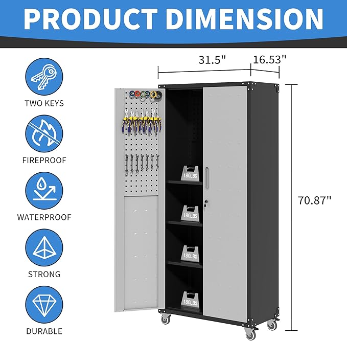 Garage Metal Storage Cabinet with Pegboard, 71'' Tall Storage Cabinet with Adjustable Shelves and Doors, Rolling Tool Cabinet on Wheels for Garage, Utility Room (Black & Grey)