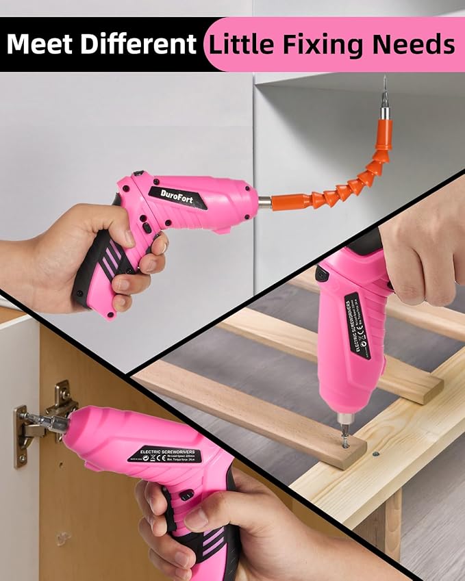 Pink Cordless Electric Screwdriver Set, 4.1V Rechargeable Small Electric Drill with 48pcs Driver Bit Set, Power 3Nm Screw Gun with 2 Position Handle, Flexible Shaft LED Light for Women