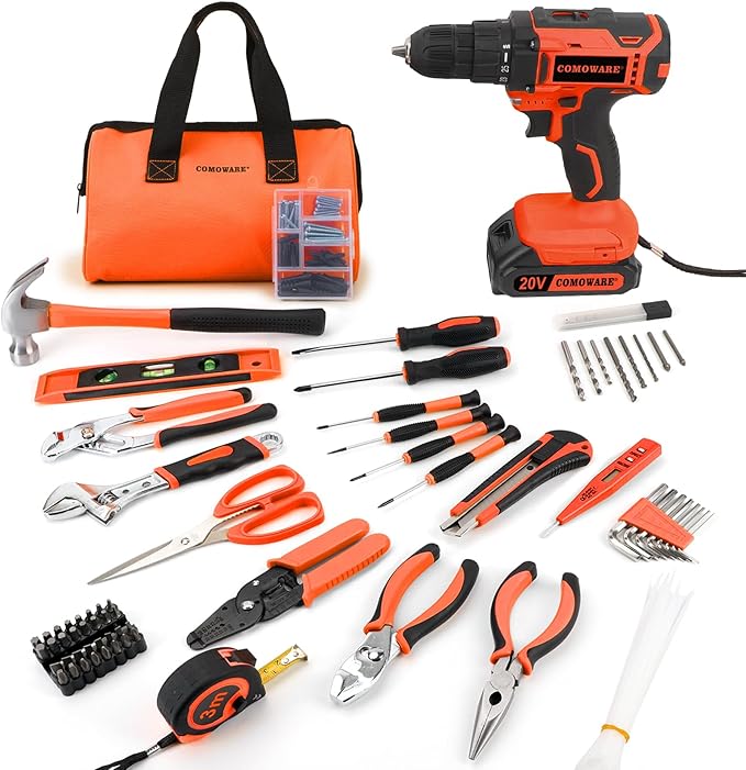 COMOWARE Home Tool Kit with Drill, 171PCS Household Tool Kit with 20V Cordless Power Drill, Home Repairing Tool Power Drill Sets with Orange Storage bag for DIY Home Maintenance