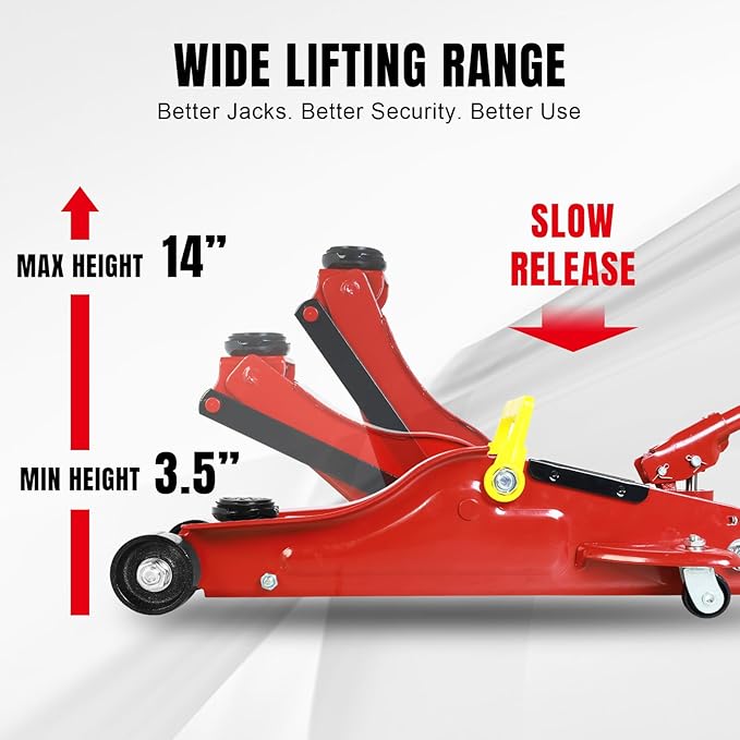 Floor Jack 2.5 Ton (5500 LBs) Hydraulic Low Profile Trolley Car Jack, Lifting Range 3.5" to 14", Fit Use for Automotive Sedans, Red