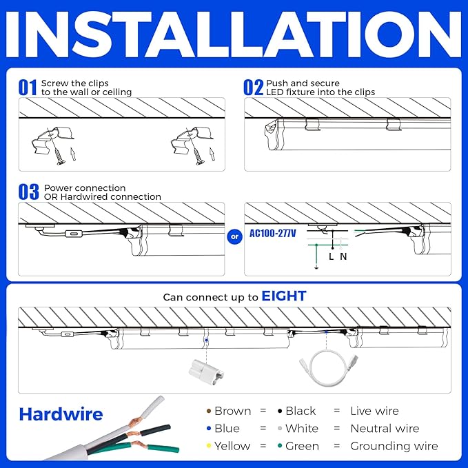 Barrina LED Shop Light, 4 ft 2200lm 6500K (Super Bright White) T5 Fixture, Linkable Shop Lights, Strip Lights, Tube Lights for Garage Warehouse Workshop Basement, ETL Listed, Plug and Play, 8-Pack