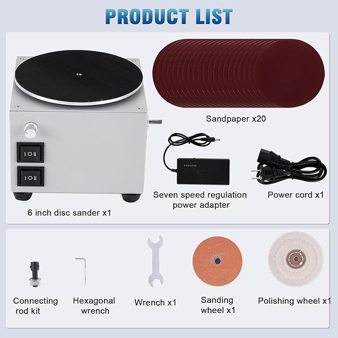 6 Inch Benchtop Disc Sander and 3 Inch Bench Grinder Machine for Wood, Crafts, Scissors Sanding, 6-inch Disc, 3-inch Sanding Wheel, Stepless Speed Control, Dual Motor Control