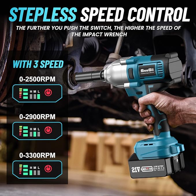 Seesii Cordless Impact Wrench, 900N.m(665ft-lbs) Power Impact Gun 1/2 Inch, 4.0Ah Battery, 3300RPM Impact Wrench, 6 Sockets, Electric Impact Driver for Home Car Truck Mower Father Dad Husband
