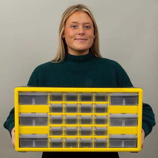 Akro-Mils 10126 26-Drawer Plastic Drawer Storage Cabinet for Garage Organization, Bead Organizer, Lego Storage, Teacher Toolbox, Makeup Organizer, and More, 20-Inch W x 6-Inch D x 10-Inch H, Yellow