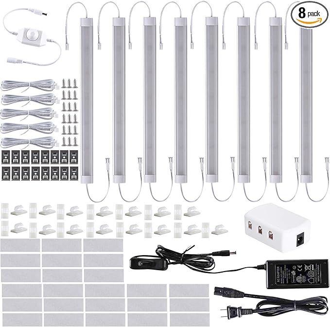 LABOREDUCER Under Cabinet Lighting Wired Plug in or Hardwired Cold White 6000K,8 Pack 11inch Linkable Dimmable LED Under Cabinet Lights with Power Adapter,24V Under Counter Lights for Kitchen
