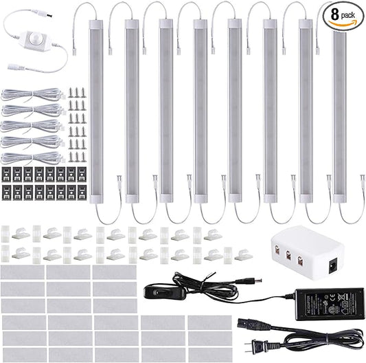 LABOREDUCER Under Cabinet Lighting Wired Plug in or Hardwired Cold White 6000K,8 Pack 11inch Linkable Dimmable LED Under Cabinet Lights with Power Adapter,24V Under Counter Lights for Kitchen