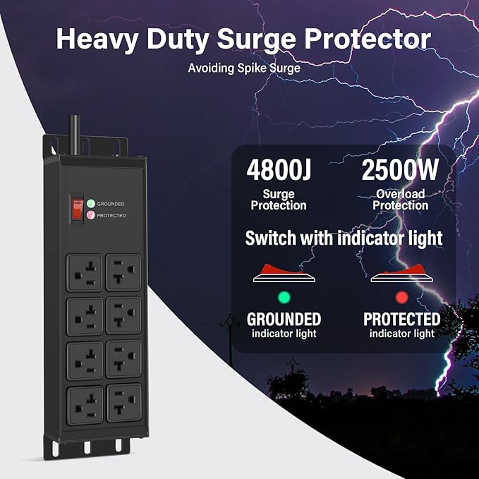 CCCEI Black Heavy Duty Power Strip Surge Protector 20 AMP, 8 Outlets 12 Gauge Industrial Shop Garage Metal Multiple Outlets, 10 FT Extension Cord 5-15P Adapter High Amp 6-20R T-Slot 20a for Appliance