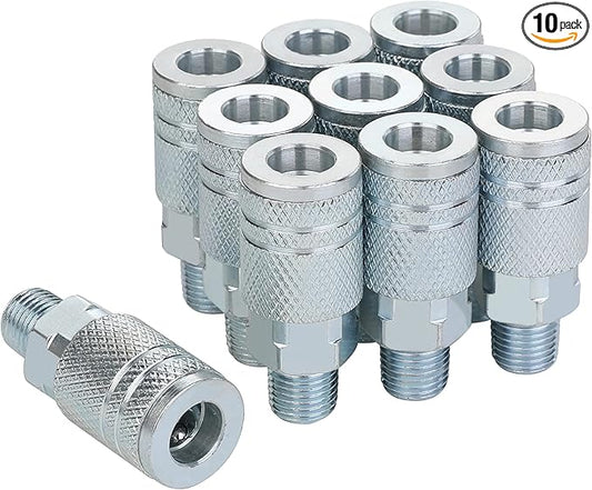 1/4 Air Hose Fittings, Industrial M-Type Coupler, 1/4 Inch Flow Size, 1/4 Inch Male Threads Size, Steel Material, 300PSI, 10 Pieces Air Compressor Accessories Fittings Quick Connect