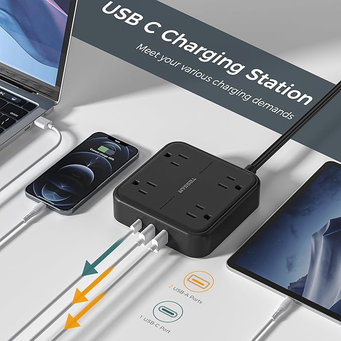 Flat Extension Cord 10 ft, TESSAN Ultra Thin Power Strip, Black Extension Cord with 3 USB Wall Charger(1 USB C Port), 4 Widely Spaced Outlets Compact for Home, Office, Cruise Ship Essentials