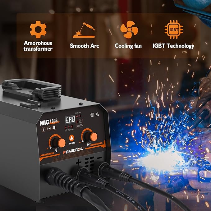 MIG Welder,2 in 1 Flux core/Stick Welder,130Amp 110V Gasless MIG Welding Machine with Synergy IGBT Inverter Welder Portable Wire Feed Welder