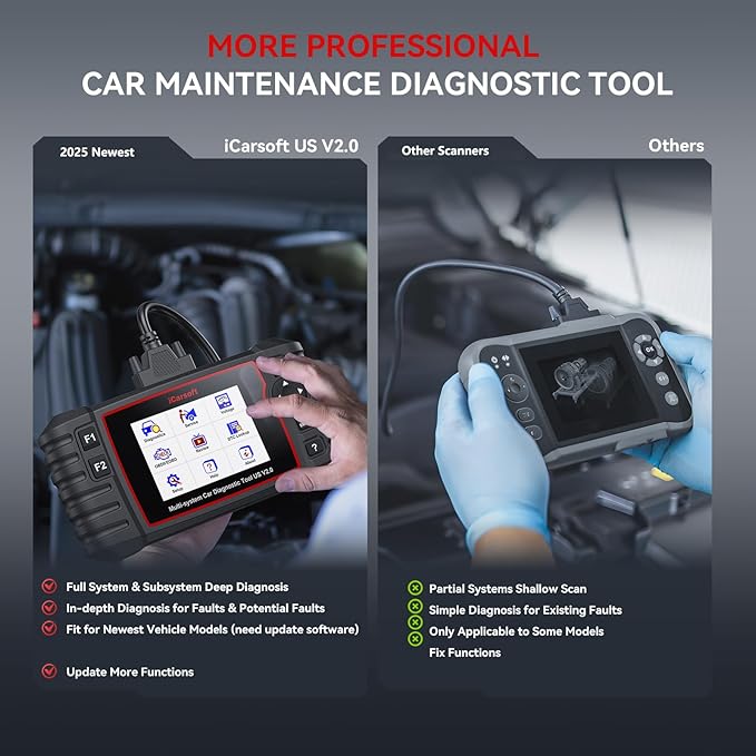 Full System Diagnostic Scan Tool for GM Ford Chrysler Jeep Scanner, iCarsoft US V2.0 in-Depth Diagnose OBD2 Code Reader, Full Reset, Battery Test for Buick/Chevrolet/Cadillac/GMC -2025