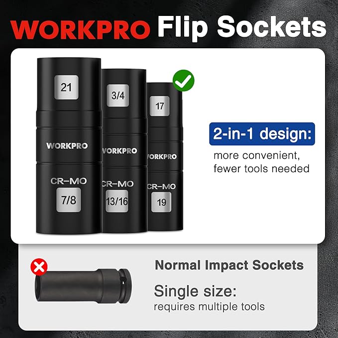 WORKPRO 4PCS Impact Socket Set 1/2" Drive, Lug Nut Socket Set, Wheel Socket Set Cr-Mo Steel, Includes 1PC 3" Extension Bar & 3PSC Flip Sockets of 6 Metric and SAE Sizes