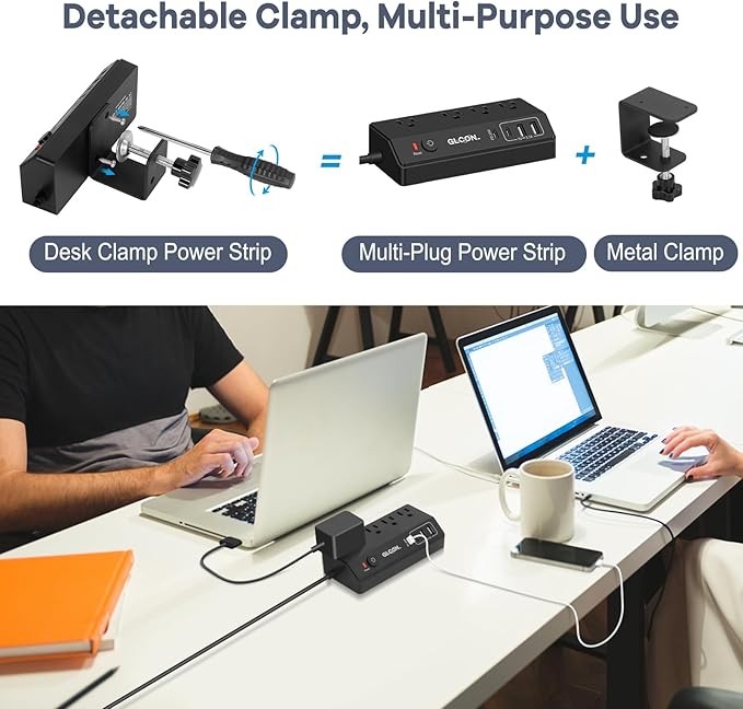 Desk Clamp Power Strip - 20W USB C Fast Charging Station - Desk Power Strip Flat Plug Extension Cord 10FT with 4 USB Ports + 4 Outlets - Desktop Mount Surge Protector - Fit 1.8" Tabletop Edge