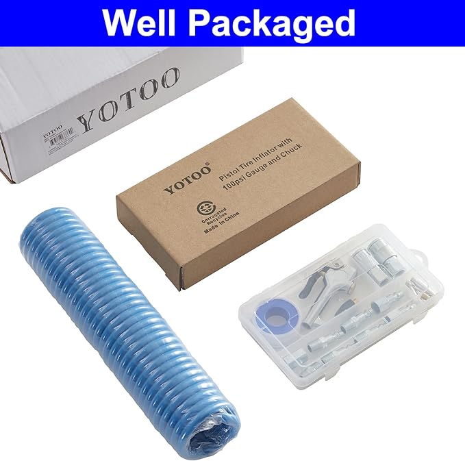 YOTOO Heavy Duty Air Compressor Accessories Kit 20 Pieces with 1/4 inch x 25 feet Polyurethane Air Compressor Hose, 100 PSI Tire Inflator Gauge, Air Blow Gun and Air Hose Fittings