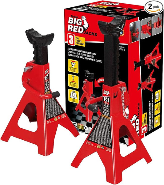 BIG RED T43002A Torin Steel Jack Stands: Double Locking, 3 Ton (6,000 lb) Capacity, Red, 1 Pair