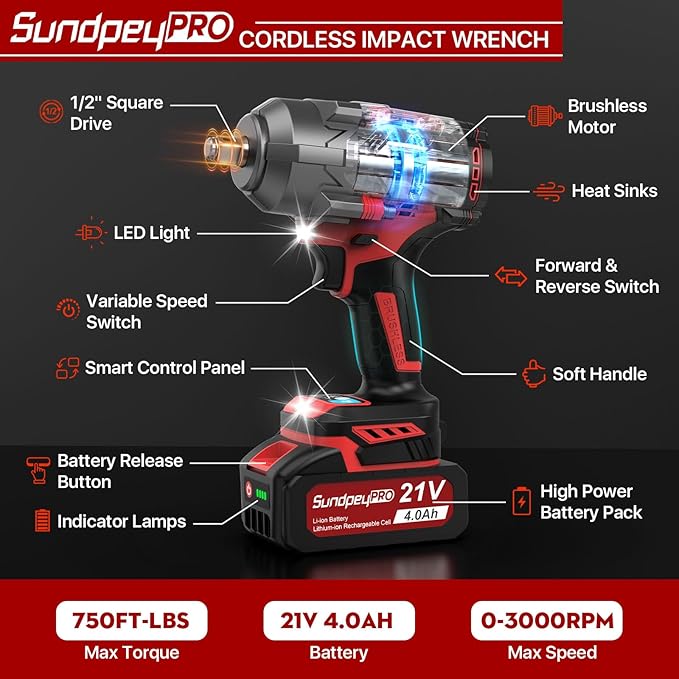 Cordless Impact Wrench 750Ft-lbs(1000N·m) - 21V 1/2" Brushless Electric Impact Driver with 2 * 4.0Ah Battery - 3000RPM Power Impact Gun with Sockets & Fast Charger & Case for Car Truck RV