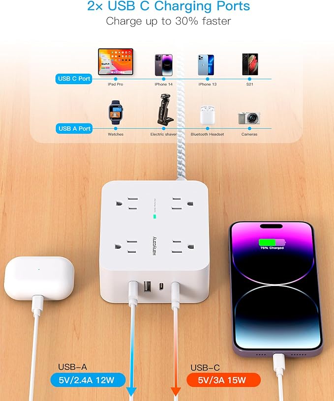 Extension Cord 20 Ft, Power Strip Surge Protector with 8 Outlets 4 USB Ports(2 USB C), Long Cord, Flat Plug, Wall Mount, Desk USB Charging Station for Home Office Essentials