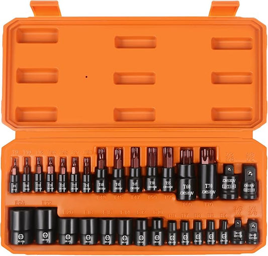 DISEN 31-Piece Torx Bit Socket and Female External Socket Set, Premium CR-V & S2 Alloy Steel, Star T8-T70 & E-Torx E4-E24,Impact Socket Adapter Set,High Torque Laser Marked for Automotive Mechanic