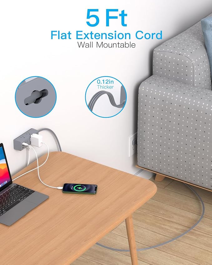 5Ft Extension Cord with Multiple Outlets, Flat Plug Power Strip Surge Protector with 5 Ft Long Cord, 6 Outlet 3 USB Ports (1 USB C), Multi Outlet Wall Plug for Travel, Dorm Room Essentials-Grey