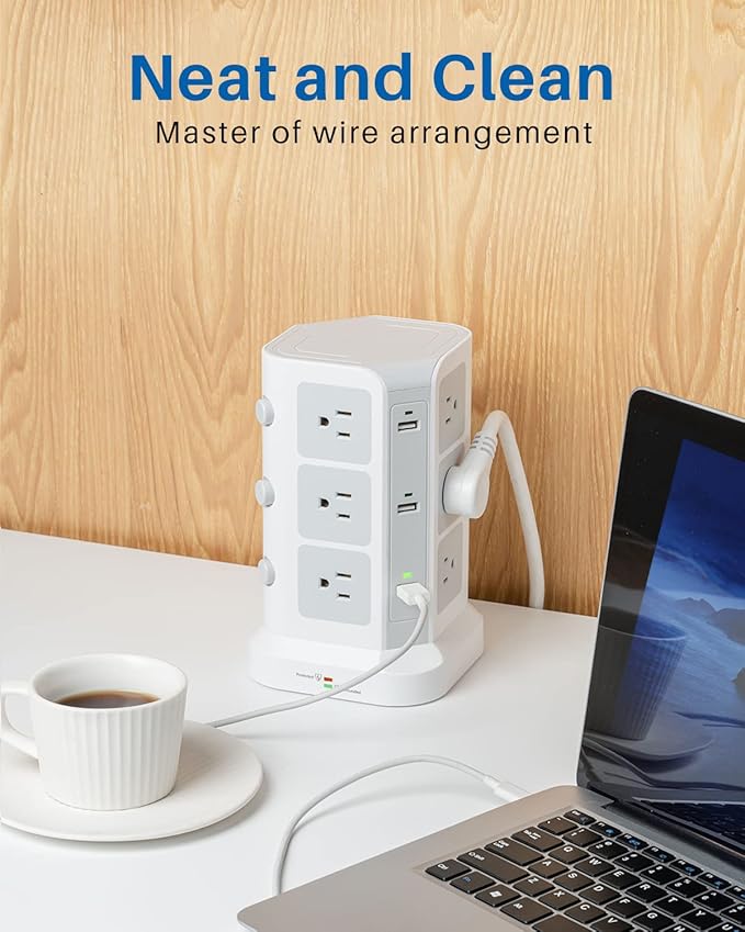 Surge Protector Power Strip Tower, KOOSLA 16.4 FT Extra Long Cord Flat Plug - [15A 1500J] Heavy-Duty 12 Widely Multiple Outlets & 6 USB Charging Station for Home, Office, Dorm White