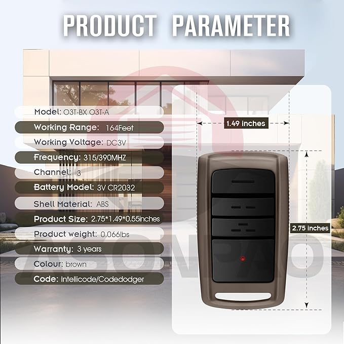 2 for O3T-BX O3T-A Overhead Door Garage Door Opener Remote 3-Year-Warranty Auto-Seek 315/390MHZ