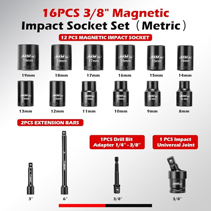 3/8 Inch Drive Magnetic Impact Socket Set, 16-Piece Metric, 8mm-19mm, 6 Point, Cr-Mo, Square Drive, Magnetic Socket with Drill Bit Adapter, Universal Joint & Extension