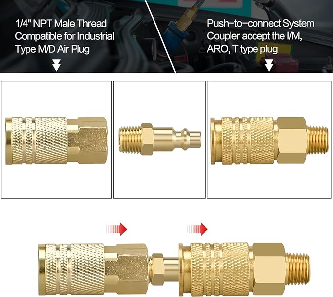 Air Coupler and Plug Kit, 10pcs Air Coupler and Plug Kit, 1/4 Inch NPT Industrial Brass Air Hose Fittings, Quick Connector Air Fittings for Automotive and Home (10pcs 1/4" MNPT Plug)