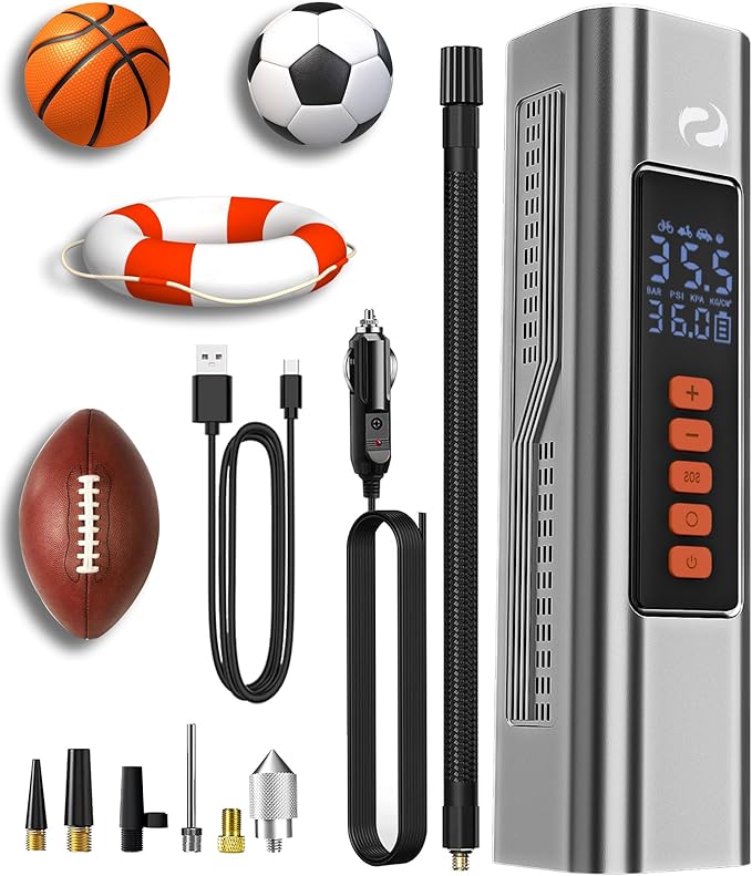 Tire Inflator Portable Air Compressor, Electric Ball Pump with Digital Pressure Gauge, LED Light, Ball Accessories Essential for Men, 150PSI Cordless Tire Inflator for Basketball, Soccer